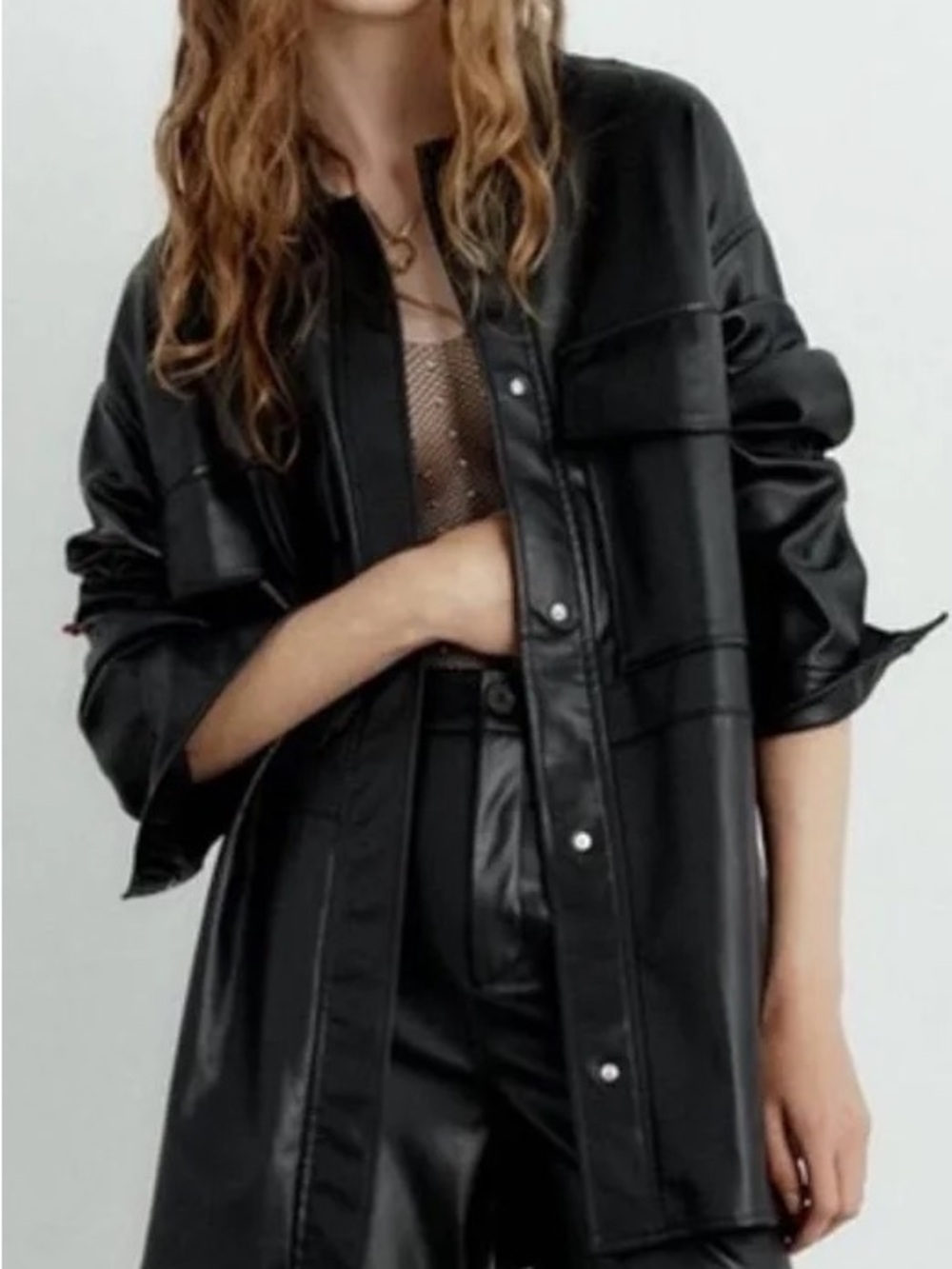 Zara Oversized Black Faux Leather Shacket - Women
